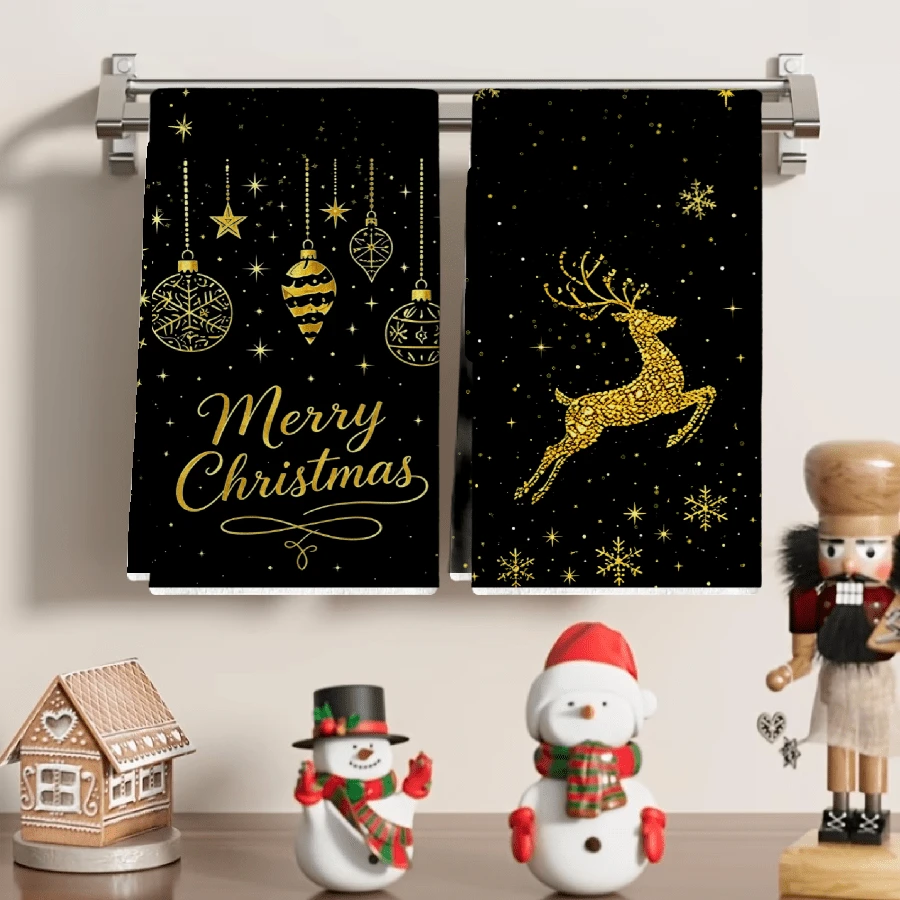 2pcs/Set, Reindeer Towels, Christmas Theme Kitchen Towel Set, Christmas Towels, Printed Towels, Kitchen Decor, Christmas Decorations, Table Decor, Kitchen Supplies, Home Decor, Perfect As A Gift Or For Creating A Festive Atmosphere In The Kitchen - Black - View 1