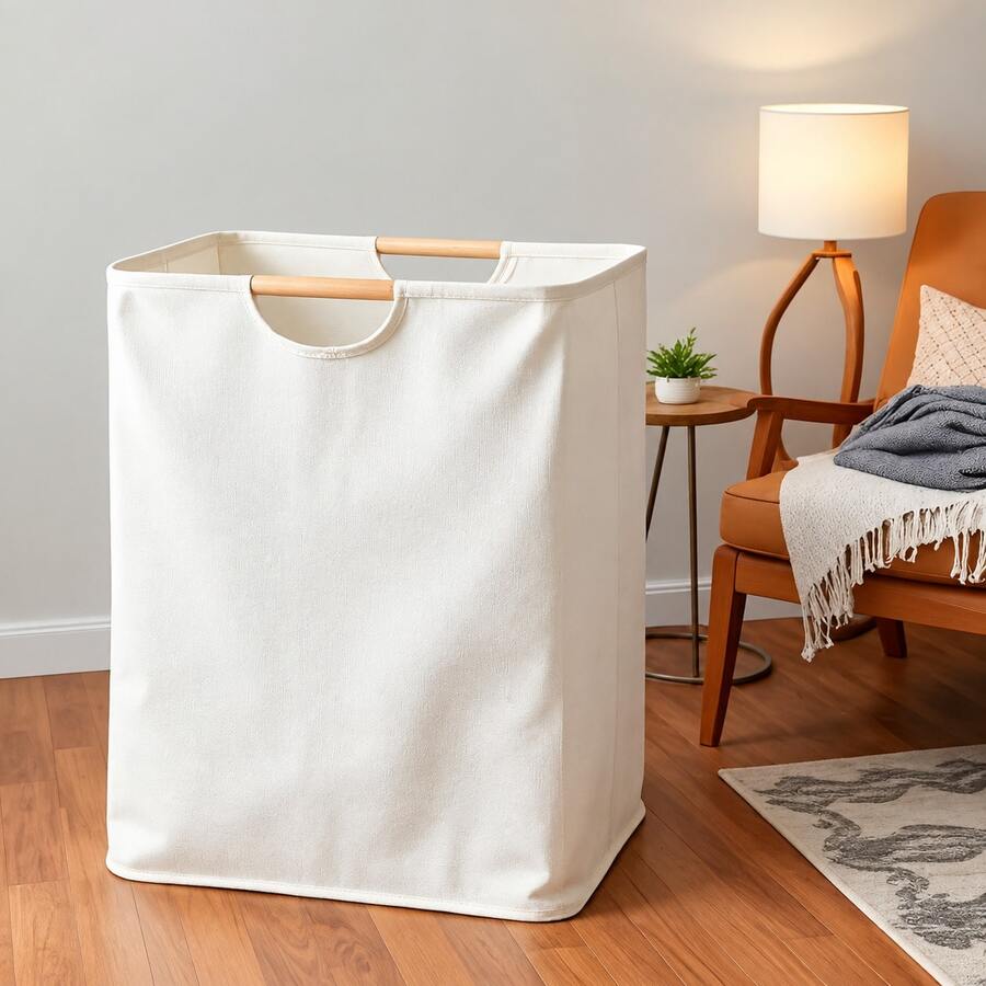1pc Travel Storage Bag, Foldable Laundry Basket With Handle - Sturdy Rectangular Design, Portable Clothes Organizer Box, Suitable For Dirty Clothes, Fits Bathroom And Various Rooms - Beige - View 1