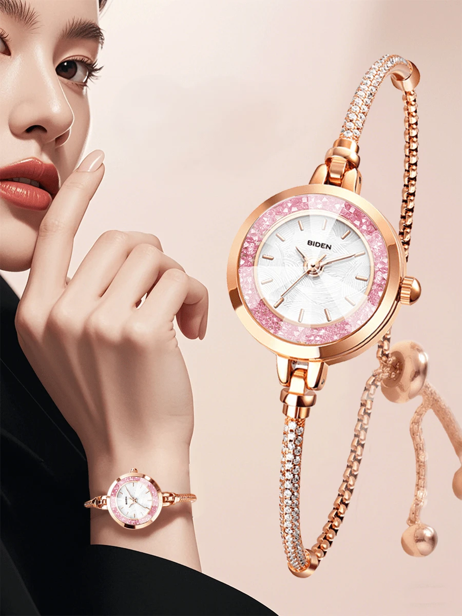BIDEN Women's Watch Analog Quartz Watch Featuring An Exquisite, Petite Dial With Flowing Sand And A Copper Bracelet - Pink - View 1