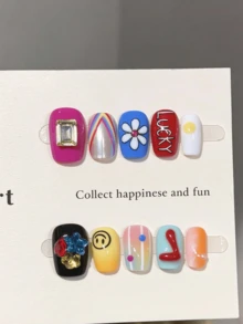 10pcs Square/Round Handmade Press-On Nails, Y2K Style, Suitable For Girls And Women, Holiday, Music Festival, Daily Wear, Valentine's Day Gift - Multicolor - View 9