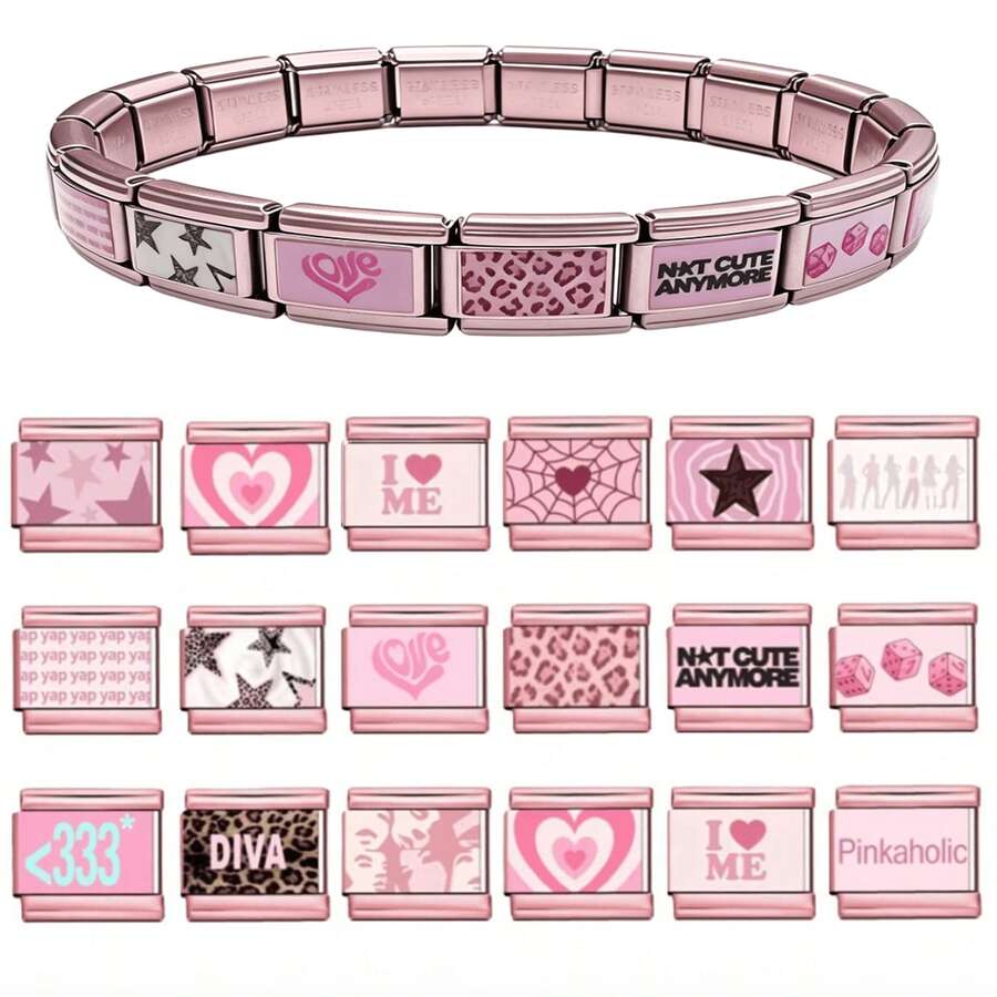 1pc Pink Theme Italian Charm, Stainless Steel Module Link Charm, Y2K Girly Print DIY Bracelet Jewelry Finding