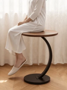طاولة جانبية حديدية دائرية بتصميم عصري بسيط، طاولة قهوة صغيرة بسطح خشبي، طاولة زاوية أرضية مستقرة بدعامة منحنية، طاولة تخزين جانبية خفيفة الوزن للأريكة، مناسبة لغرفة المعيشة وغرفة النوم بجانب السرير والشقق الصغيرة وزاوية الاسترخاء بالشرفة - مواصفات متعددة - مشاهدة 3