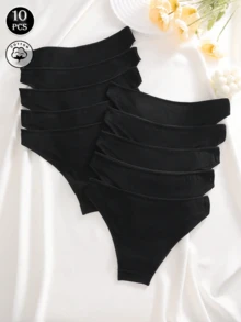 10pcs/Set Solid Color Cotton Knit Low-Rise Briefs, Comfortable Casual Women's Underwear - Multicolor - View 1