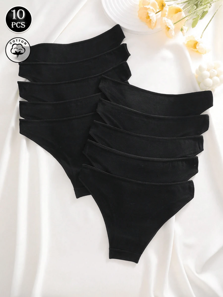 10pcs/Set Solid Color Cotton Knit Low-Rise Briefs, Comfortable Casual Women's Underwear - Multicolor - View 1