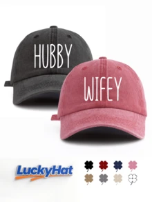 「HUBBY」&「WIFEY」字母圖案印花棒球帽，復古水洗風情侶款爸爸帽，蜜月禮物首選 - 老公與老婆 - 查看 11
