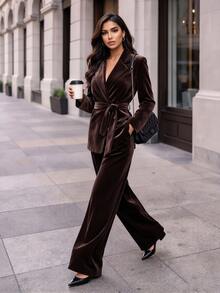 Ensemble 2 pièces en velours pour femmes, blazer à col cranté avec ceinture croisée devant, veste slim à manches longues avec pantalon droit, tenue élégante - Marron - Voir 4
