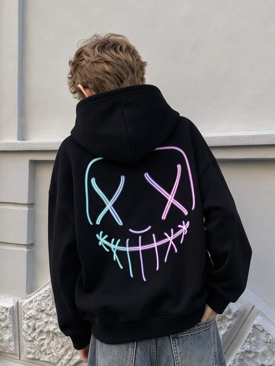 Neon Smiling Face Back Print Sweatshirt, Boys Fleece Pullover - Black - View 1