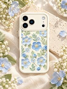 1pc Cream White Background 3D Oil Painting Blue Floral Phone Case, Fresh Artistic Floral Pattern Anti-Fall Full Coverage Protective Shell Compatible With IPhone 18 Pro Max/18 Pro/17/16/15/14/13/12/11/Pro/Pro Max/X/XR/XS/XS Max/7/8/Plus, /Honor - Beige - View 1