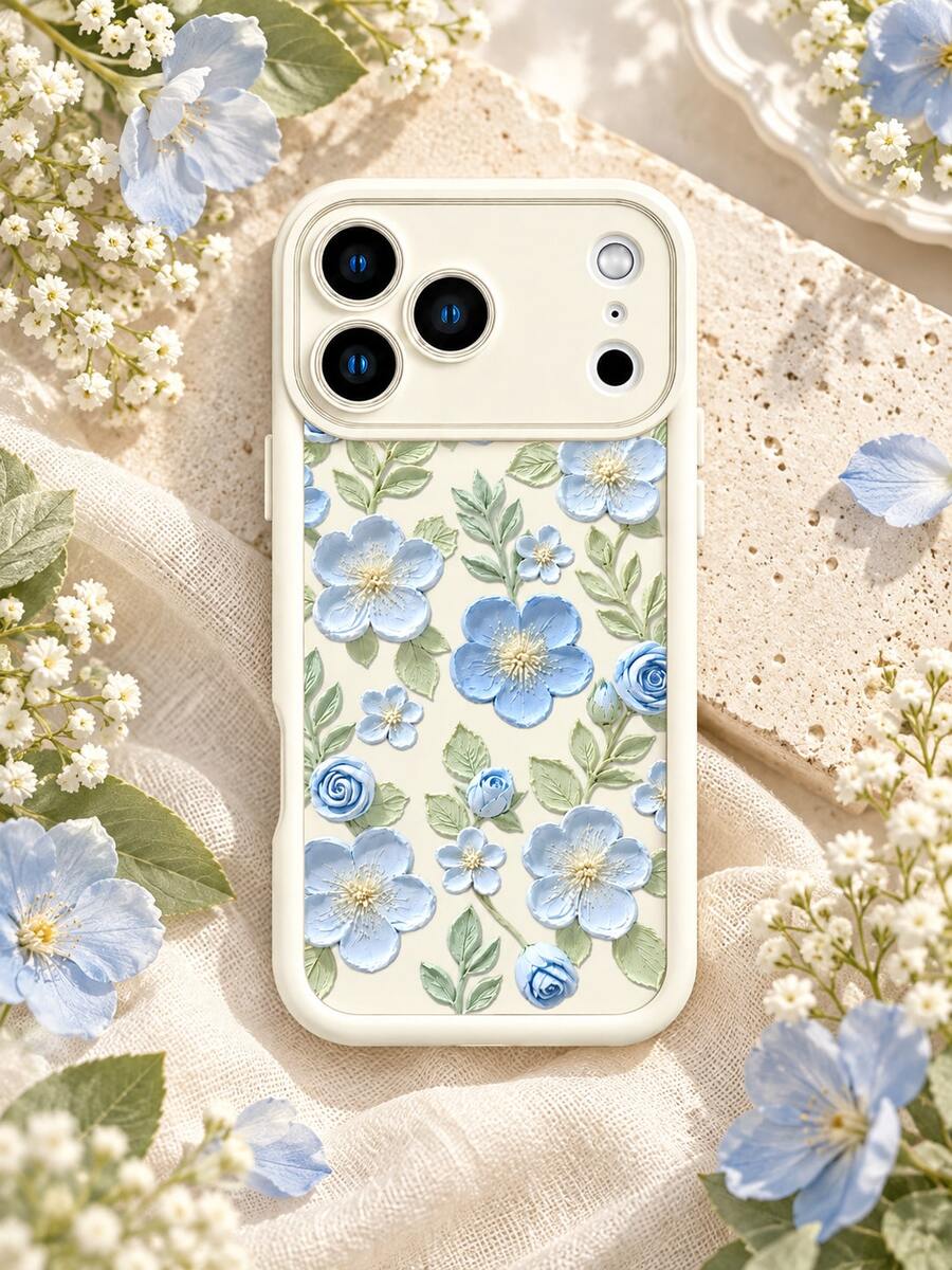 1pc Cream White Background 3D Oil Painting Blue Floral Phone Case, Fresh Artistic Floral Pattern Anti-Fall Full Coverage Protective Shell Compatible With IPhone 18 Pro Max/18 Pro/17/16/15/14/13/12/11/Pro/Pro Max/X/XR/XS/XS Max/7/8/Plus, /Honor - Beige - View 1