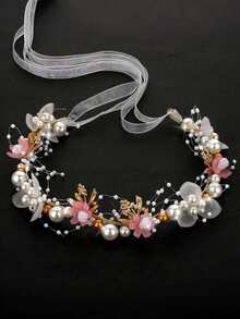 1pc Handmade Pink Flower Pearl Floral Headband, Tulle Floral Crown With Long Ribbon, Elegant Girls Floral Hair Accessory, Suitable For Birthday Party, Photography - Multicolor - View 9