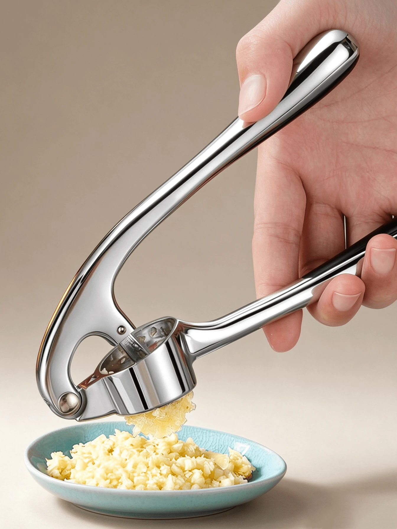 Garlic Press: A High-Quality Garlic Crusher Featuring An Ergonomically Designed Lever, Which Efficiently Crushes Garlic To Produce A Finer Paste; A Practical Kitchen Gadget. - Silver - View 1