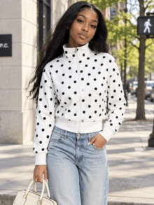Autumn Casual White Polka Dot Tops For Going Out Long Sleeve Zip Coats Work Wear For Women Back To School - White - View 7