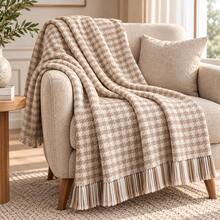 Houndstooth Sofa Throw Blanket With Tassels- 180X200 CM - Non-Slip Couch Protector For Living Room - Beige - View 3