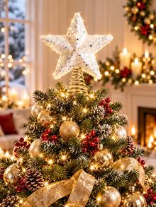 1pc Glitter Gold Star Christmas Tree Topper, Holiday Indoor Decoration, Shiny Metallic Design, Suitable For Christmas Tree, Home Holiday Decor - Multicolor - View 7