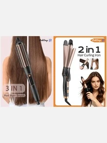 PinkSings 38mm Ceramic Hot Air Styler Brush & 2-In-1 Hair Straightener And Curler Bundle Set - UK Plug(220-240V) - View 3
