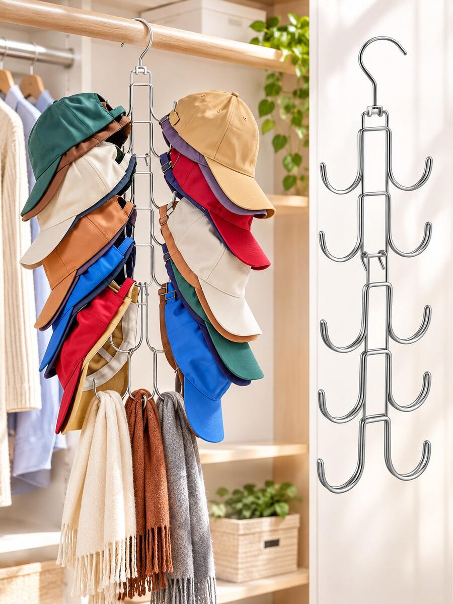 1pc Foldable Metal Hat Rack, 10-Hook Silver Baseball Cap Storage Rack, Space-Saving Hanging Hat Rack, Suitable For Baseball Caps, Knit Hats, Scarves, Bags, Bedroom Closet Storage Organizer - Silver - View 1