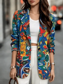 Women's Abstract Print Lapel NeckCasual Blazer Long Sleeve Jacket - Blue - View 1