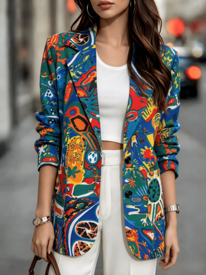 Women's Abstract Print Lapel NeckCasual Blazer Long Sleeve Jacket