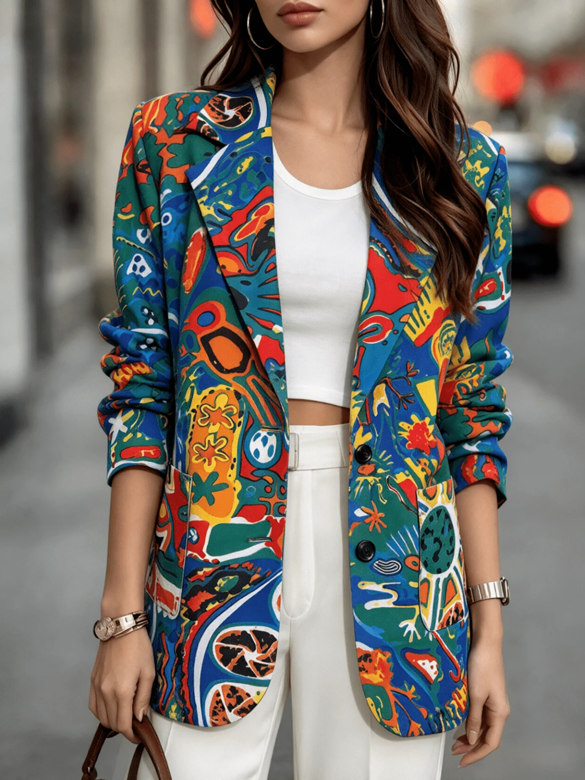 Women's Abstract Print Lapel NeckCasual Blazer Long Sleeve Jacket - Blue - View 1