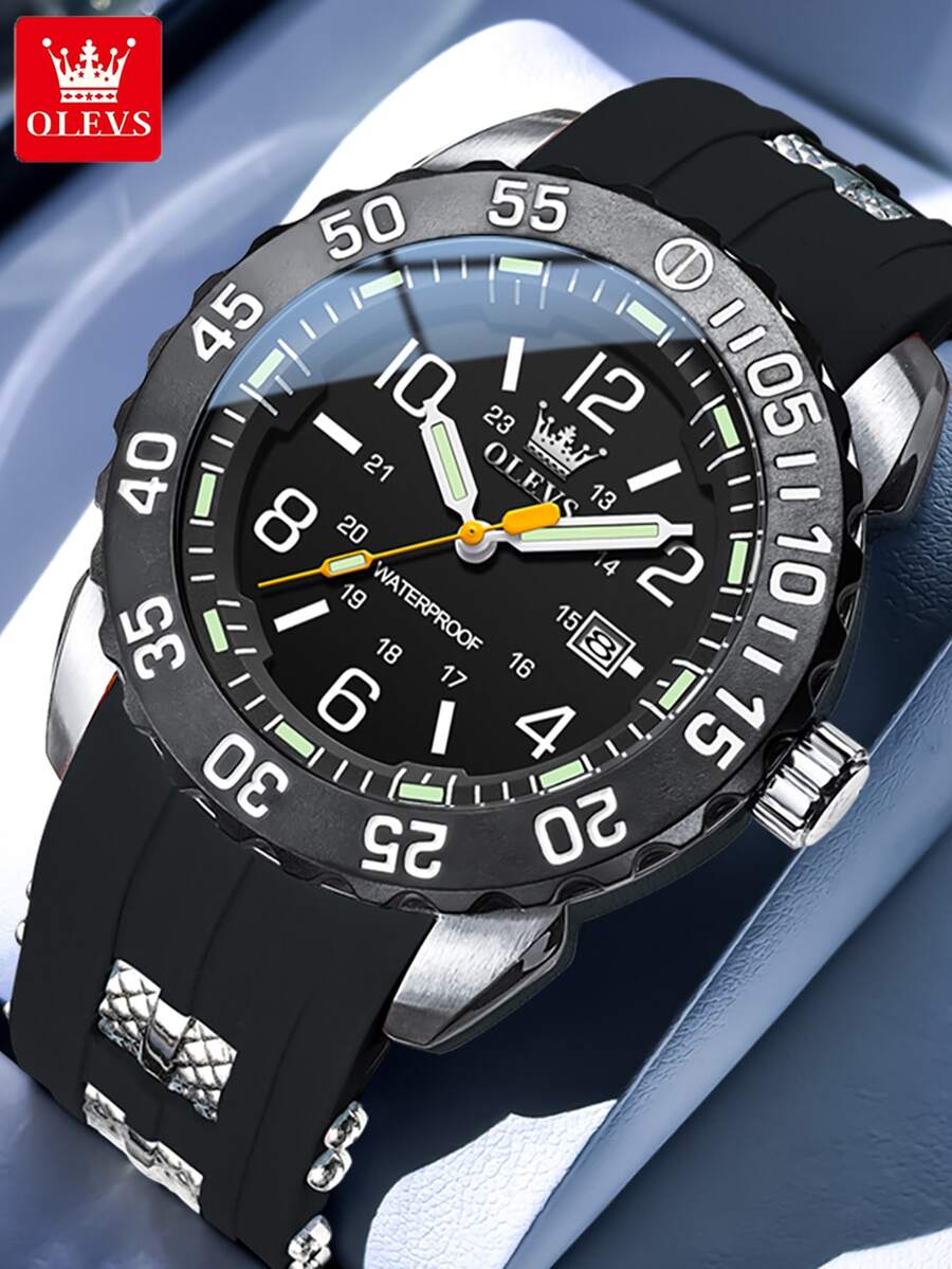 OLEVS Men's Sport Diving Watch Rotating Bezel Luminous Hands Date Window Waterproof Silicone Strap Casual Military Watch For Men