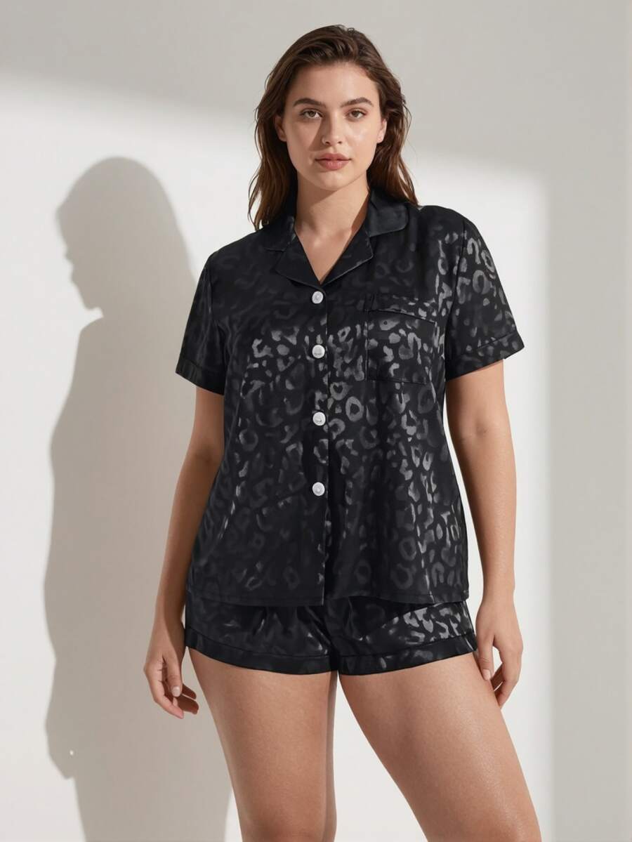 Rosiemei 2pcs Women Plus Size Spring/Summer Satin Black Leopard Print Short Sleeve Collared Top And Bow Shorts Pajama Set - Black - View 1