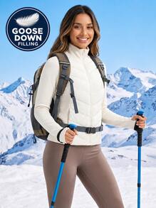 Never me Women's Goose Down Down Jacket With Full Zip, Quilted Patchwork, Ribbed Cuffs With Thumbholes, Slim Fit Winter Sports Coat - Apricot - View 3