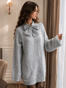 Women's Elegant Silver Thread Bow Front Fuzzy Knit Dress, Long Sleeve Loose Pullover, Soft Warm Winter Casual Top, Suitable For Autumn - Light Grey - View 1