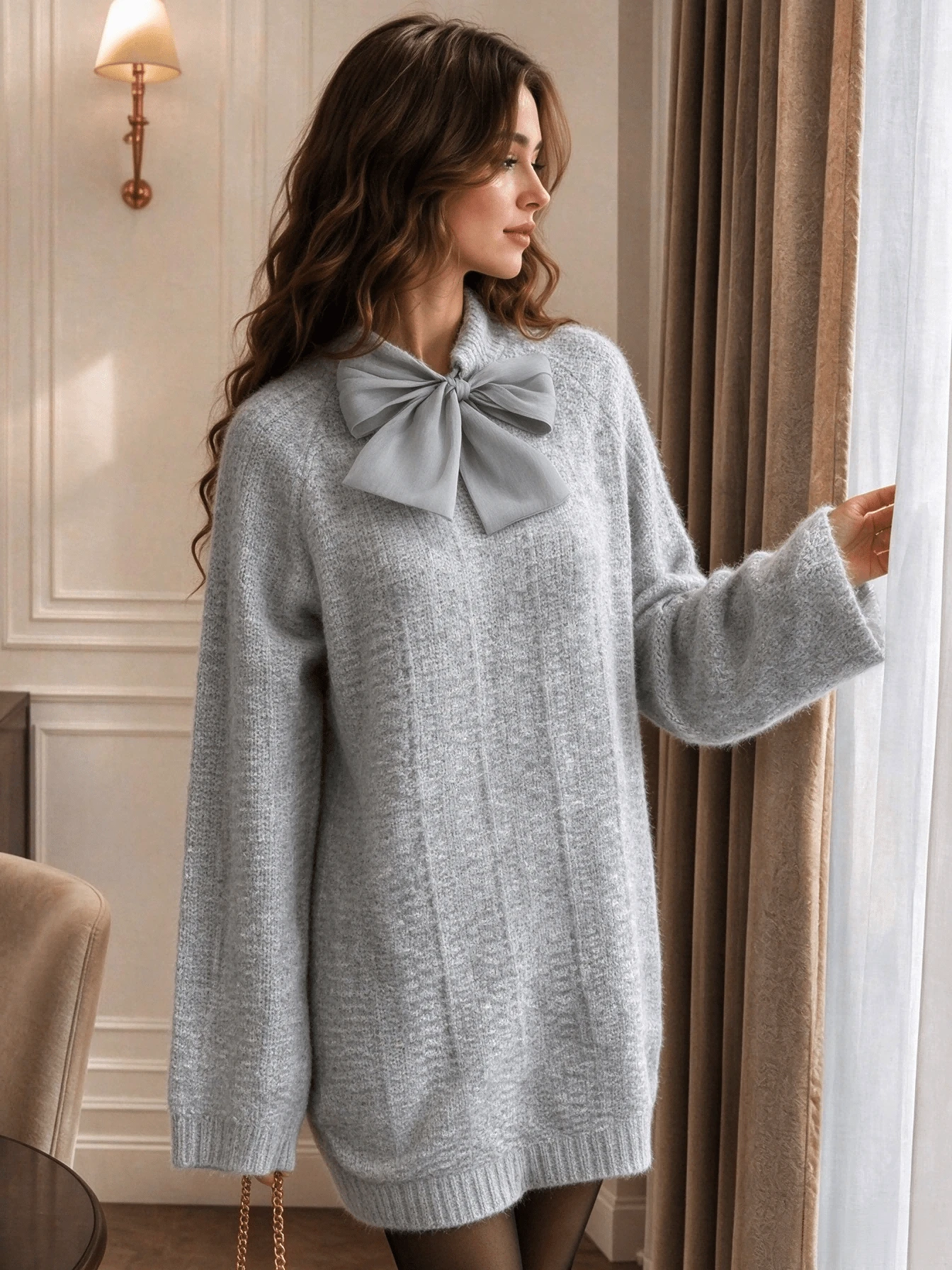 Women's Elegant Silver Thread Bow Front Fuzzy Knit Dress, Long Sleeve Loose Pullover, Soft Warm Winter Casual Top, Suitable For Autumn - Light Grey - View 1