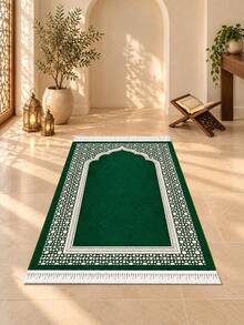 1pc Green Flannel Muslim Prayer Mat Thickened Sponge Soft Material Facing Mecca Prayer Carpet Ramadan Home Decor Floor Mat Classic Embossed Design - Green - View 5