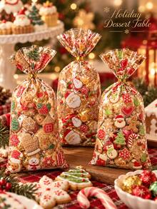 48pcs Reusable Christmas Gift Bags With Gold Twisted Rope, 4 Random Holiday Prints, Santa Claus And Gingerbread Man Candy Gift Bags, Suitable For Christmas Party Favors, Cookie Packaging And Holiday Gatherings - Multicolor - View 4