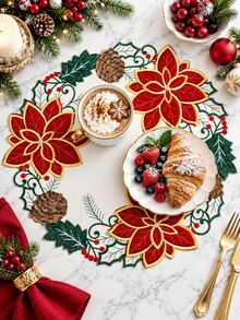 1pc Vintage Pastoral Style Christmas Placemat, Poinsettia Pine Cone Holly Berry Table Mat, Holiday Dining Table Decor Ornament, Suitable For Christmas Home Party Table Decoration - Multicolor - View 6