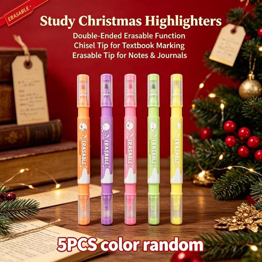 5pcs Soft Cute Ocean Cartoon Dual-Tip Fluorescent Pens, Random Body Color, Erasable Bottom Tip, Instant Erase, No Need To Carry Extra Eraser, Portable All-In-One Design - A - View 1