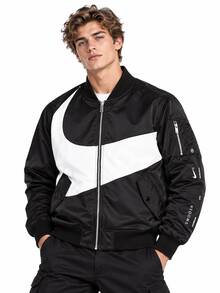 Nike Men's Comfortable Stand-Up Collar Double-Sided Wear Bomber Jacket Baseball Jacket Cotton Coat - Black and White - View 1