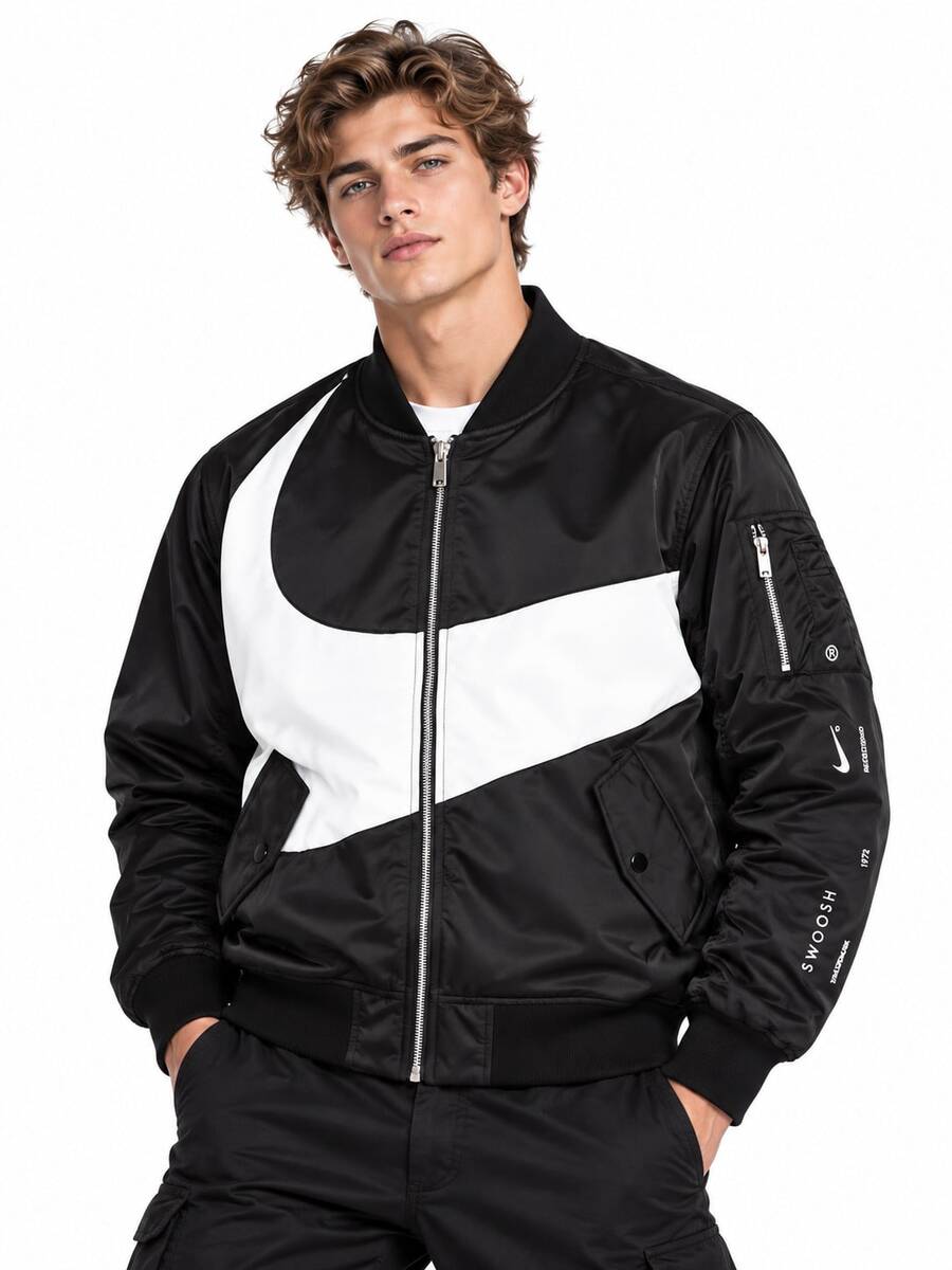 Nike Men's Comfortable Stand-Up Collar Double-Sided Wear Bomber Jacket Baseball Jacket Cotton Coat - Black and White - View 1