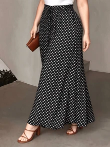 Women's Polka Dot Print Pocket Wide Leg Pants, Versatile Casual Plus Size Trousers - Black - View 4
