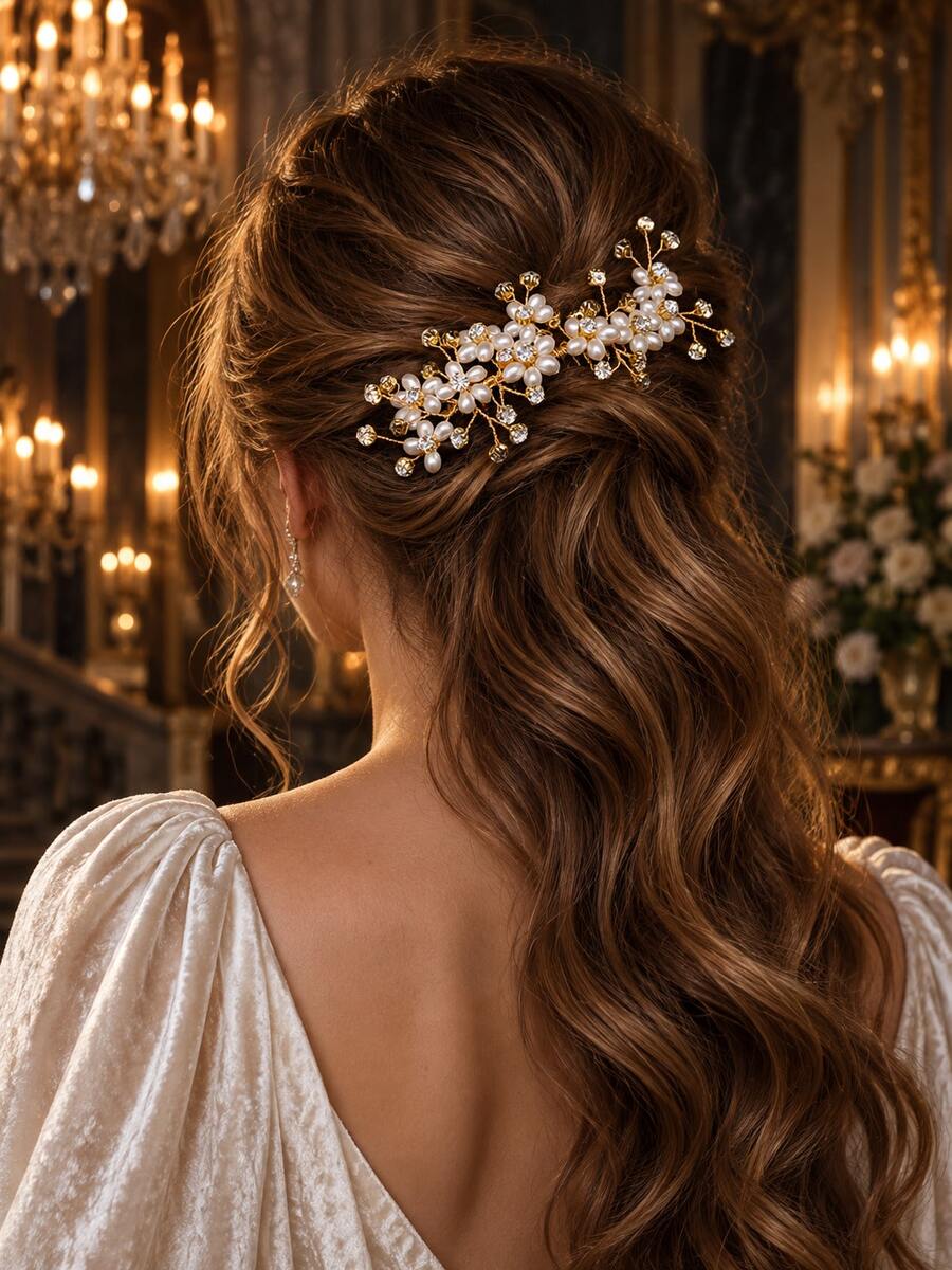 Vintage Luxury Gold Pearl Rhinestone Flower Bridal Hair Comb Wedding Hair Accessories For Bride Prom Formal Party Wedding Ceremony Evening Event - Gold - View 1