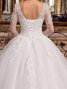Ivory Elegant Long Sleeve Shiny Sequin Tulle Full Skirt Wedding Dress With Beaded Floral Applique (Petticoat Not Included) - Beige - View 5