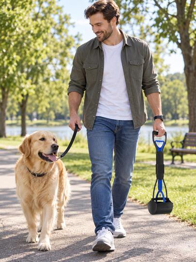 Dog Pooper Scooper Set Long Handle Waste Jaw Scoop Bone Shape Bag Dispenser Roll Garbage Carrier Carabiner Clip Animal Poop Cleaning Tool Pet Litter Picker Walking Supply Medium Large Breed Outdoor Grass Yard Sanitation Accessory Equipment