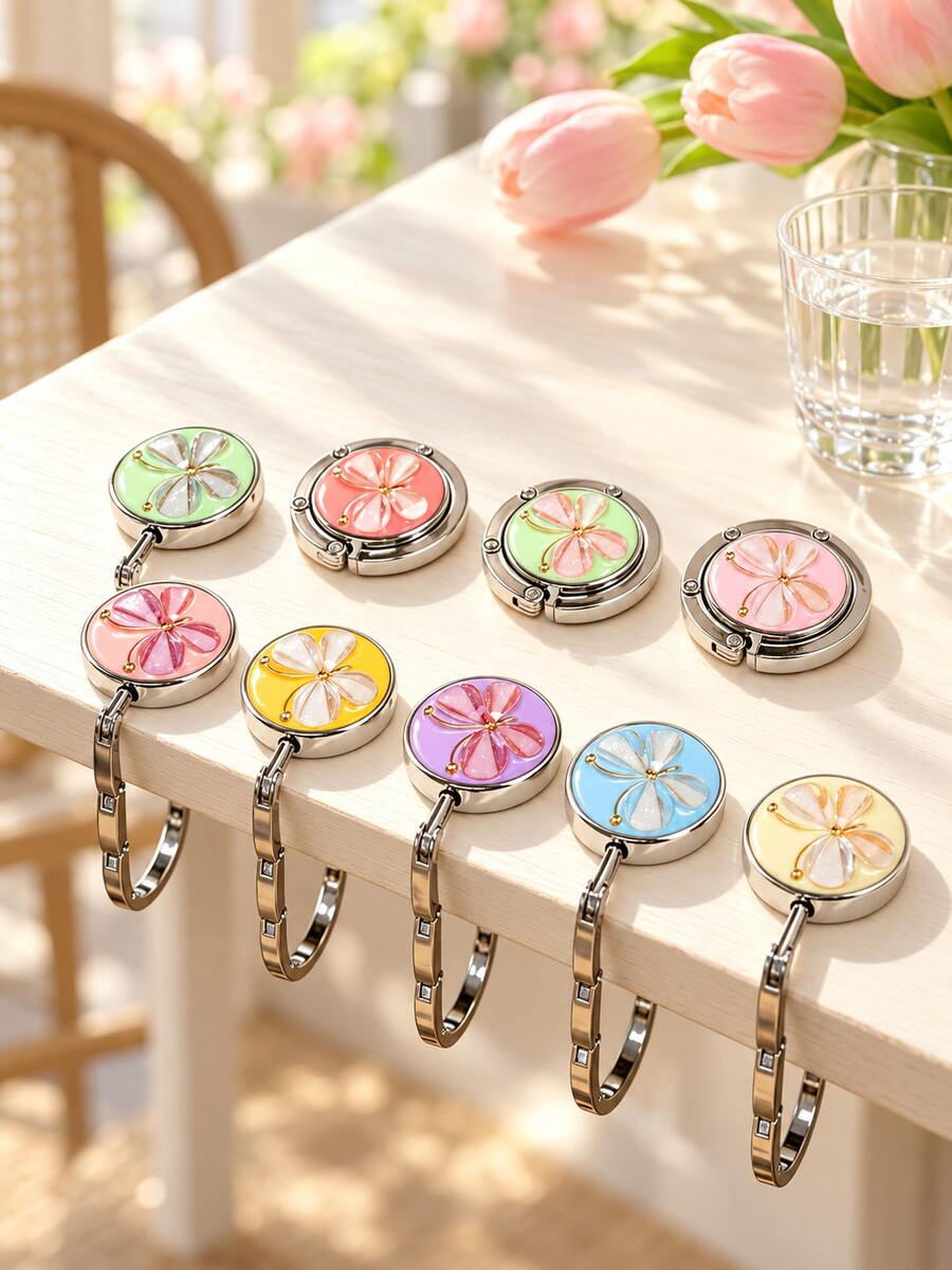 Round Floral Design With Colorful Petal Details And Foldable Metal Hook, Portable Compact Handbag Hook, Prevents Bag From Touching The Ground, Suitable For Office Desk, Student Desk, Cafe Table, Dining Out And Travel, Key Chain - Multicolor - View 1