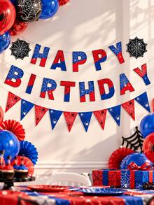 1 Set Spider Web Hero Happy Birthday Banner, Red & Blue Spider Web Print Letter Flags With Spider Web Hollow Cutout Paper And Triangle Bunting, Insect Web Superhero Theme Birthday Party Supplies, Indoor Window Photo Booth Backdrop Decoration - View 5