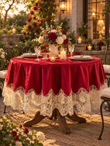 1pc Italian Velvet Embroidered Tablecloth, Luxurious Lace Trim Decor, Suitable For Dining Table, Tea Table, Bedside Cabinet Decoration, Holiday Gift, Wedding, Party Decoration - Red - View 8