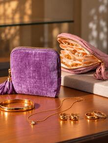 5-Layer Portable Travel Jewelry Organizer Bag, Suitable For Bracelets, Necklaces, Earrings, Rings, Mini Carry-On Jewelry Pouch, Tassel Decor, Portable Jewelry Travel Storage Box, Vanity Decor, Travel Essential, Velvet Tassel Zipper Jewelry Storage Organizer Bag - Multicolor - View 2
