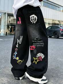 Tween Boy Graffiti Denim Jeans, Kids' Printed Long Pants, Multi-Pocket Loose Wide Leg Durable Stain-Resistant HIP-POP Street Style Spring Autumn Versatile Student Outdoor Casual Pants - Black - View 4