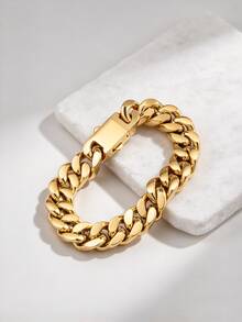 1pc Stylish 13mm Wide Stainless Steel Shiny Chain Bracelet, Great Birthday Gift For Men - Yellow Gold - View 1
