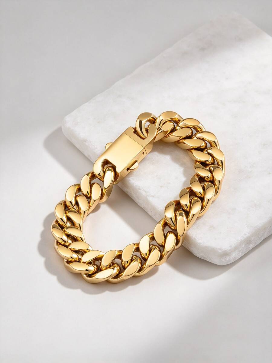 1pc Stylish 13mm Wide Stainless Steel Shiny Chain Bracelet, Great Birthday Gift For Men - Yellow Gold - View 1