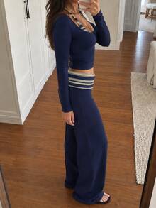 Women's Autumn/Winter 2 Pieces Set, Navy Blue Long Sleeve Top & Striped Wide Leg Pants, High Elasticity, Y2K, FWTrends - Blue - View 5
