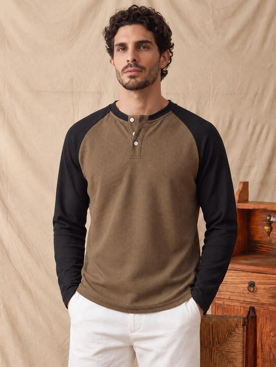 glestore Men's Vintage "Old Money Style" Rich Colorblock Long Sleeve Polo Shirt, Suitable For Daily Commute, Loose Fit - Multicolor - View 1