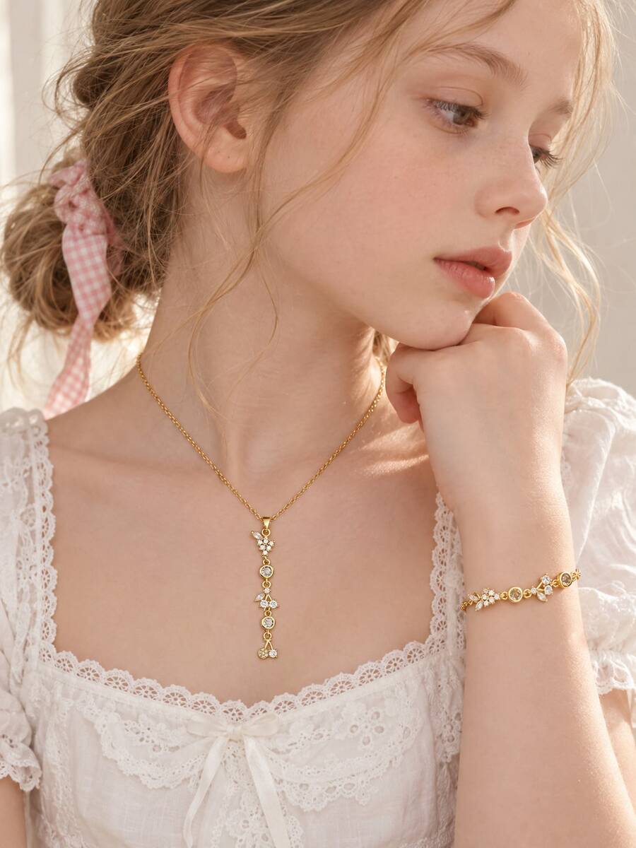 2pcs Set Gold Tone Cherry Charm Floral Rhinestone Necklace Bracelet Kids Jewelry For Girls Cute Dainty Sparkling Back To School Party Daily Wear Gift - Gold - View 1