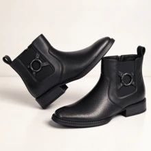 Men's Retro Metal Buckle Decor Short Chelsea Boots, Autumn/Winter Chunky Heel Thick Sole Cargo Style Style Side Zipper Elastic Shaft Casual Fashion Boots - Black - View 3