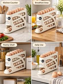 Modern Cream Plastic Egg Storage Rack, Hollow Sloped Multi-Layer Design, Automatic Roll-Out Egg Dispenser, Refrigerator Side-Hanging Egg Storage Box, Household Kitchen Food Storage Container, Space-Saving Egg Rack, Suitable For Daily Kitchen Use - View 4